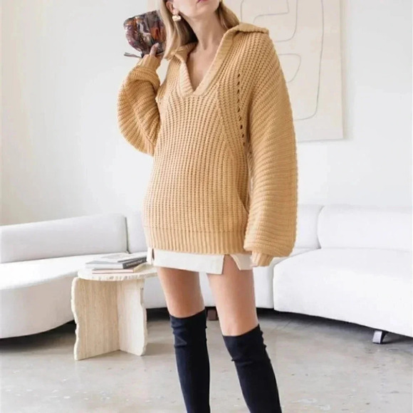 Knit Collar V-Neck Long Sleeve Sweater Tan Taupe - Picture 5 of 6